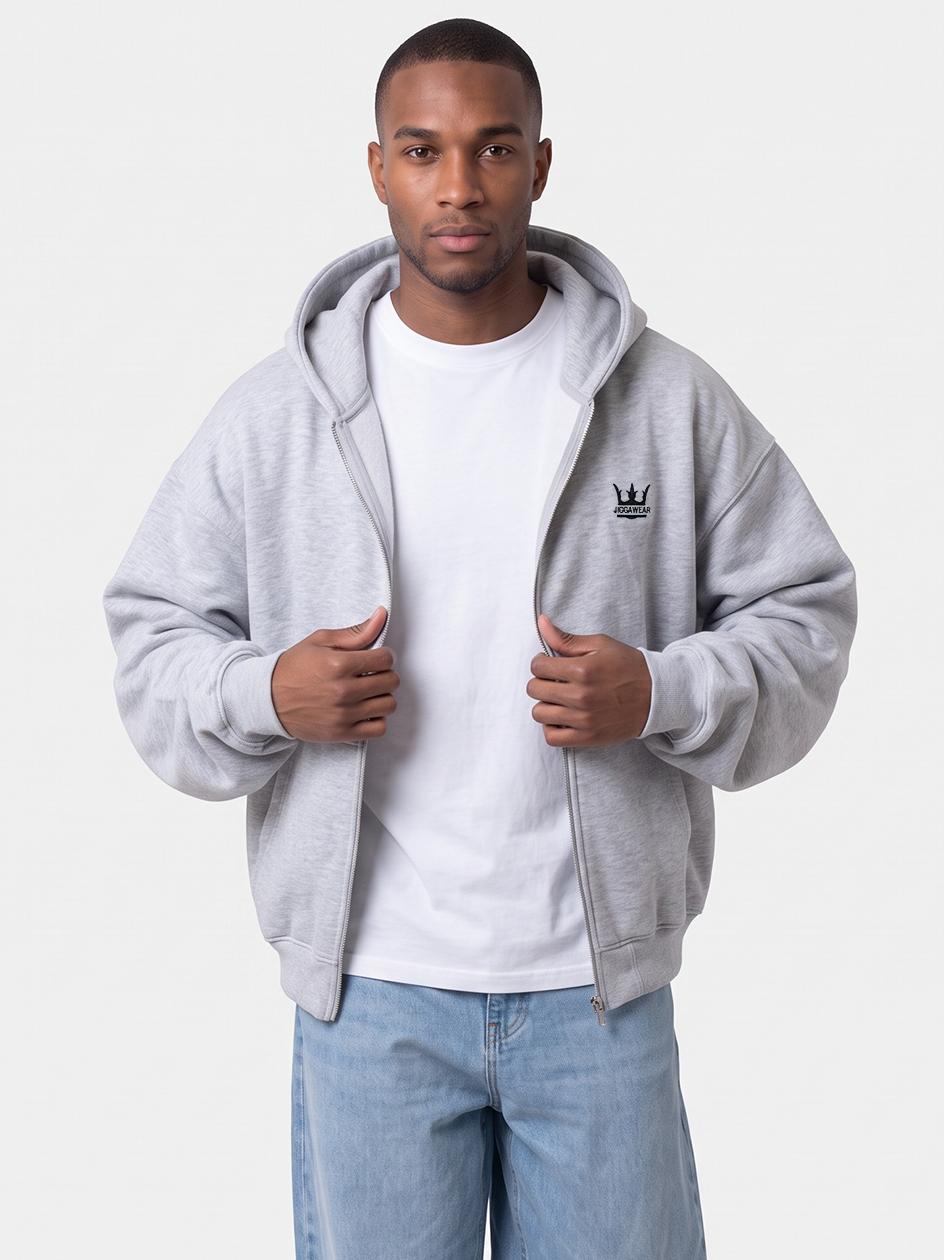Szara bluza oversize z kapturem na zamek Jigga Wear Crown z opadającą linią ramion
